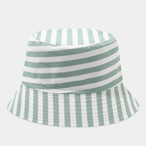 Detail of light green and white striped bucket hat in thick cotton fabric