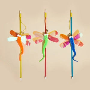 Three colorful dragonfly cat wand toys with iridescent wings and bells on plastic sticks