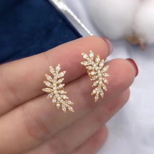 French vintage golden olive leaf stud earrings with white cubic zirconia crystals