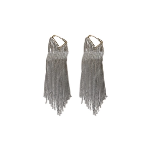 Elegant silver metallic tassel drop earrings with long chain fringe for fashion styling