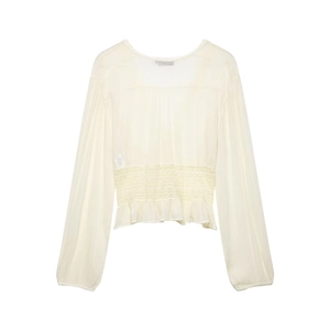 Elegant off-white long sleeve blouse featuring waist lace details and pleated hem