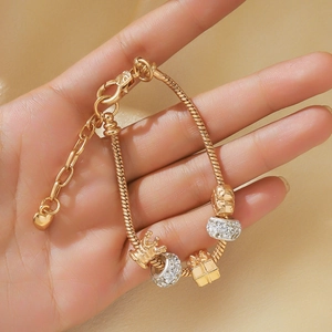 Women Gold Alloy Rhinestone Crown Heart Charm Bracelet European Style Snake Chain Jewelry Gift Lobster Clasp Bracelet