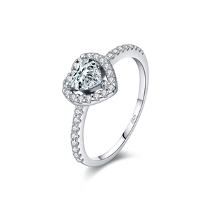 Elegant S925 sterling silver heart-shaped moissanite ring with pavé diamond setting