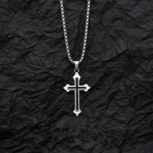 Cross Pendant Necklace Titanium Stainless Steel Box Chain Black Inlay Hip Hop Gothic Jewelry For Men Women