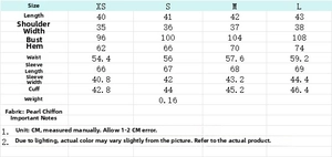 Detailed size chart for pearl chiffon top including length bust and sleeve measurements