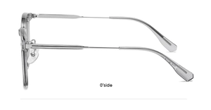 Side view of square transparent grey eyeglass frame with silver metal temples