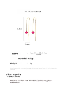 Detail showing pink square drop oil earrings size 8.2cm by 0.8cm on white background
