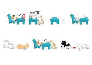 Miniature resin cat figurines in various poses with tiny blue desk and chair set