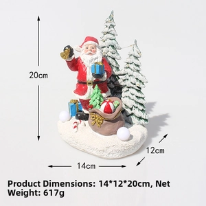 Glow resin Santa figurine with gold bell and snow trees, 14x12x20cm, 617g weight