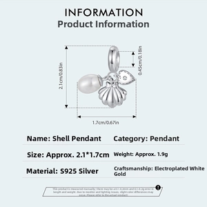 Détail du pendentif en argent S925 avec perle et coquillage, dimensions 2,1x1,7cm