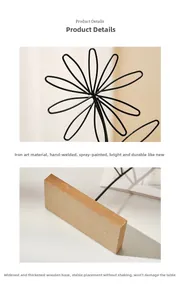 Detail of handcrafted iron wire flower ornament with a thick natural wooden base