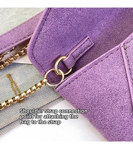 Detail of gold metal hardware connector and purple suede fabric on a crossbody bag