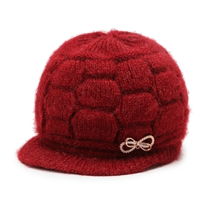 Winter knit newsboy hat for women in deep red fleece lining with rhinestone bow