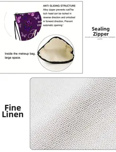 Detail of purple butterfly cosmetic bag showing natural fine linen texture and zipper