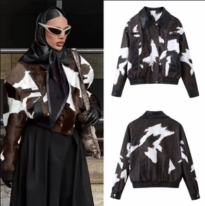 Women Cow Print Faux Fur Short Bomber Jacket PU Leather Trim Lapel Zipper Retro Streetwear Fashionable Outerwear