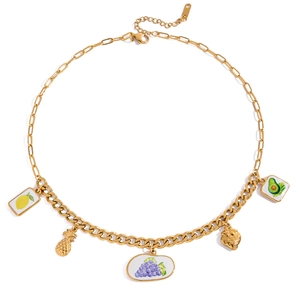 Collier en acier inoxydable plaqué or 18 carats avec pendentifs fruits colorés en émail