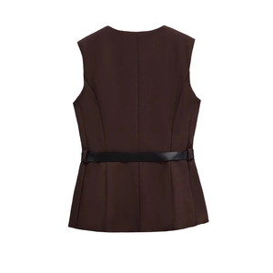 Detail view of the back of a slim-fit dark brown sleeveless vest with a black belt