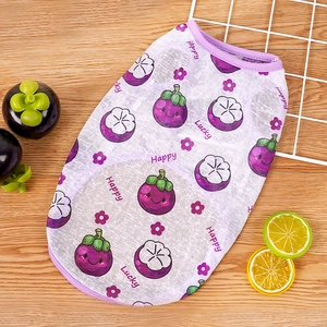 Detail view of purple pet vest with cartoon mangosteen and breathable mesh fabric