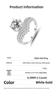 Detail view of S925 sterling silver V-shape ring with 2ct moissanite and size specs