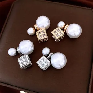 French style double pearl earrings with zircon square pendant in gold and silver finish