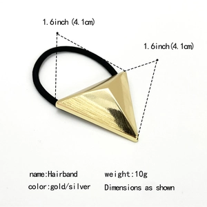Detailed view of a gold minimalist hairband with size dimensions and pyramid charm