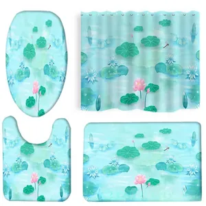 Detail eines 4-teiligen Badezimmersets mit Lotusblumen und Wassermuster-Design