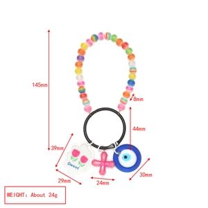 Detailed size and weight chart for the evil eye keychain with colorful beads and charms