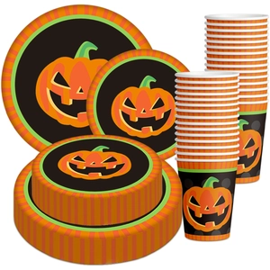Halloween pumpkin disposable party tableware set with paper plates and cups in black and orange