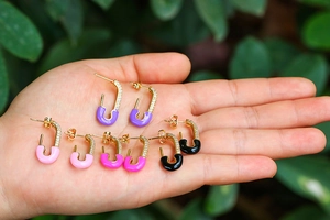 Colorful enamel safety pin earrings with cubic zirconia stones in gold-plated finish