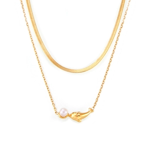 Collier double rang en acier inoxydable doré 18k avec pendentif dauphin et perle