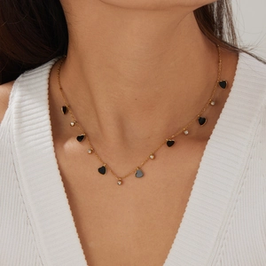 Elegant gold plated stainless steel necklace with black heart charms and round zircons