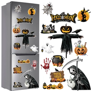 Detailed Halloween magnets featuring pumpkins, skeletons, and ghosts on a fridge surface
