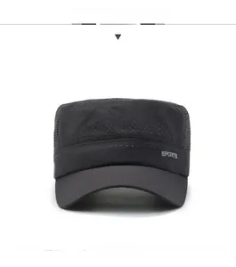 Front view of dark grey breathable mesh flat top sports cap with SPORTS lettering