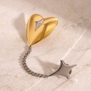 Golden heart and silver star brooch with chain on marble, stainless steel pin for women