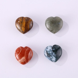 Polished heart-shaped stones including Tiger's Eye, Labradorite, Red Jasper and Moss Agate