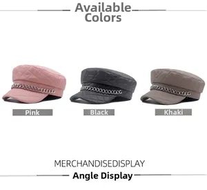 Three-color quilted baker boy hats in pink, black and khaki with silver chain details