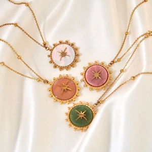 14K gold plated stainless steel starburst necklaces with colorful natural stones on silk