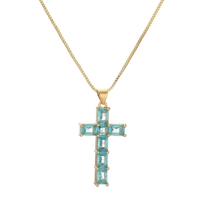 Golden cross necklace with aquamarine blue cubic zirconia stones on gold box chain