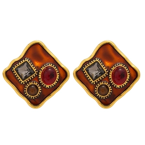 Vintage gold-plated resin earrings with colorful square and round rhinestones set