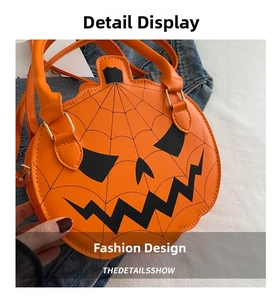 Macro detail of Halloween pumpkin bag with orange PU leather and spider web stitching