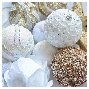 Detail of glitter sequins and lace patterns on champagne gold Christmas tree balls