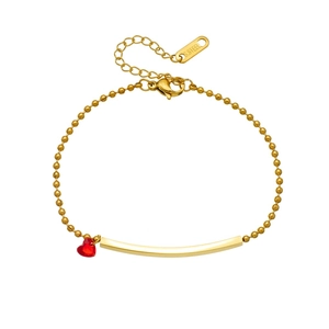 Elegant gold plated stainless steel chain bracelet with a red heart pendant and curved bar