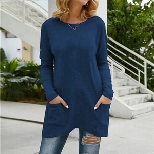 Dark blue long sleeve casual tunic shirt for women with round neck and side pockets
