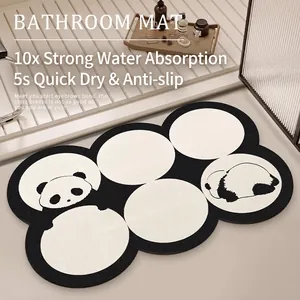 Bathroom Mat Diatomaceous Earth Absorbent Fast Drying Non-Slip Rubber Bottom Cute Panda Pattern Irregular Shape