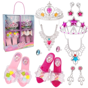 Detailed set of princess dress-up accessories including silver crowns and pink toy shoes