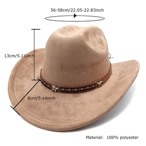 Camel faux suede cowboy hat with star-studded leather band and curled brim