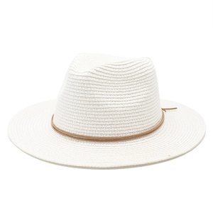Classic white straw panama hat with brown leather band for women sun protection