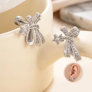 Boucle D'oreille Étoile Nœud En Zircon Brillant Acier Titane Double Vis Dos Cartilage Piercing Bijoux Pour Femmes