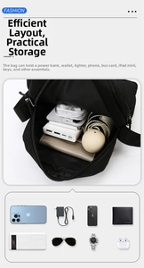 Detail of black crossbody bag showing high capacity for tablet and daily essentials