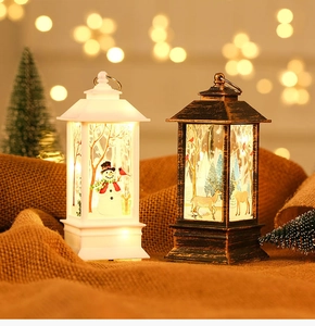 Detail of decorative Christmas lanterns featuring snowman and reindeer LED scene illumination